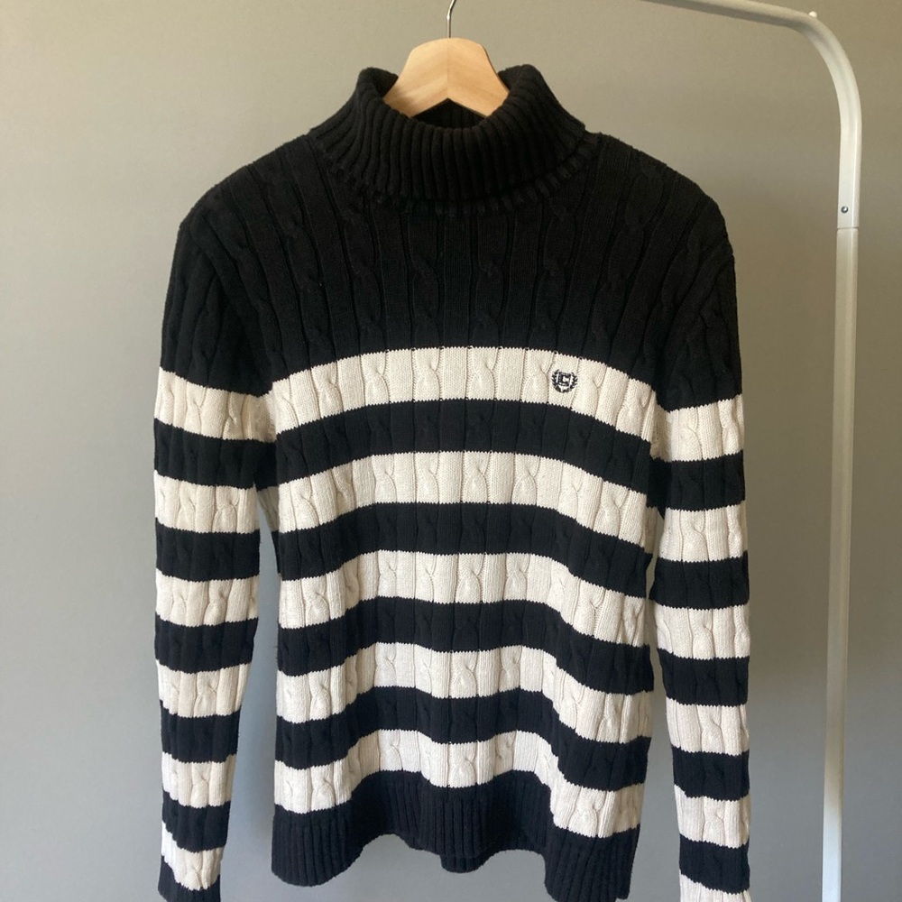 Black and White Striped Turtleneck Sweater